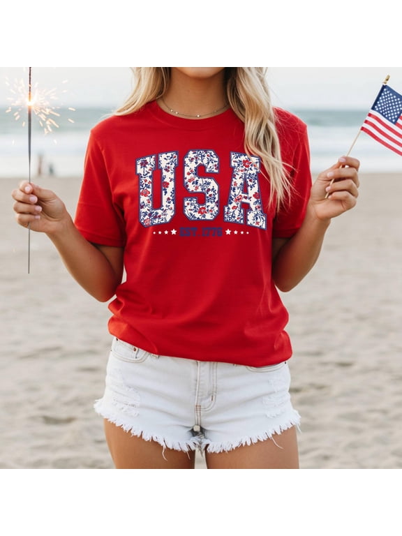 USA Est 1776 Floral Shirt - 4th of July Patriotic Tee for Women - American Flag Memorial Day Top