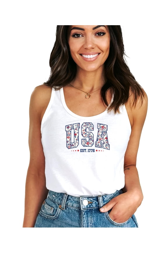 USA Est 1776 Floral Tank Top for Women & Teens Patriotic Faux Embroidery Red White and Blue Tee White Tank Top Medium