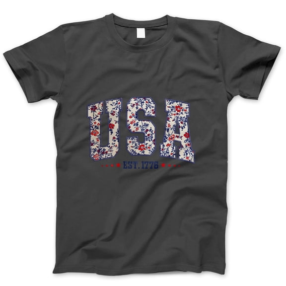 USA Est. 1776 T-Shirt – Patriotic Vintage Floral Print Tee for Women & Girls, Cute Red White Blue 4th of July Graphic Shirt, Independence Day Summer Top