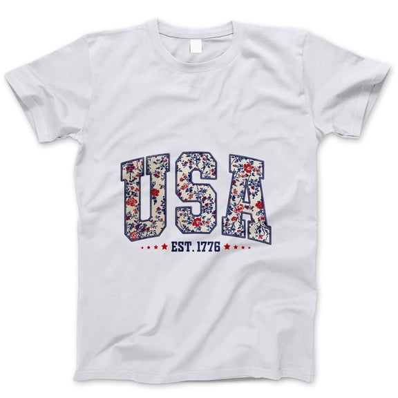 USA Est. 1776 T-Shirt – Patriotic Vintage Floral Print Tee for Women & Girls, Cute Red White Blue 4th of July Graphic Shirt, Independence Day Summer Top
