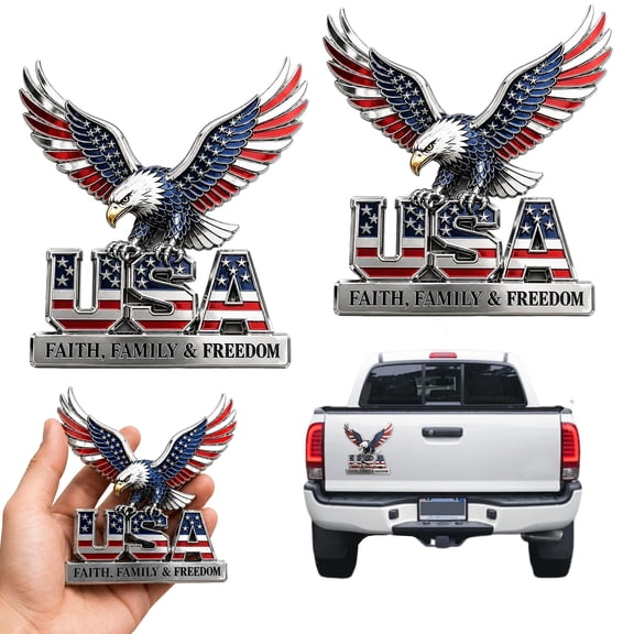 USA Faith, Family & Freedom Metal Emblem, 3D Metal Patriotic Car Decal Badge Edition Auto Emblem Eagle & USA Letters, for Trucks, Automotive, SUV, Motorcycle RV Vehicle Tailgate(4pcs)