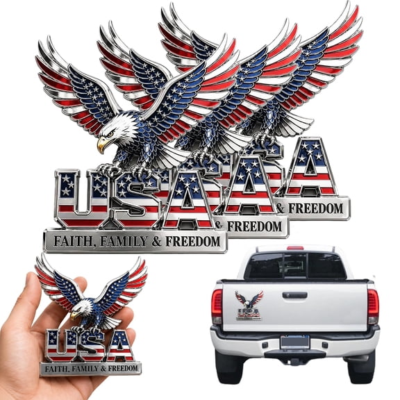 USA Faith, Family & Freedom Metal Emblem, 3D Metal Patriotic Car Decal Badge Edition Auto Emblem Eagle & USA Letters, for Trucks, Automotive, SUV, Motorcycle RV Vehicle Tailgate(4pcs)