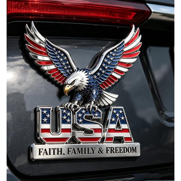 USA Faith, Family & Freedom Metal Emblem, Eagle & USA Letters Patriotic Edition, 3D Metal American Flag Patriotic Car Decal Badge Edition, 250th Anniversary Red & Blue Flag Auto Decal for Car (5)