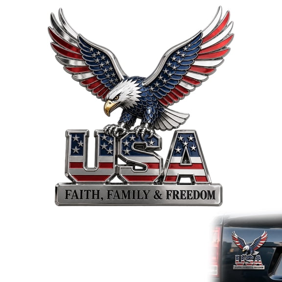 USA Faith, Family & Freedom Metal Emblem, Eagle & USA Letters Patriotic Edition 3D Metal Car Emblem, 250th Anniversary Red & Blue Flag Auto Decal for Automotive, Trucks, SUV, Motorcycle