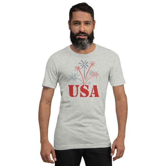 USA Fireworks T-Shirt – Patriotic 4th of July Tee, Red White & Blue Graphic Shirt, Independence Day Outfit, America Pride Celebration Tee Unisex t-shirt (Athletic Heather, L)