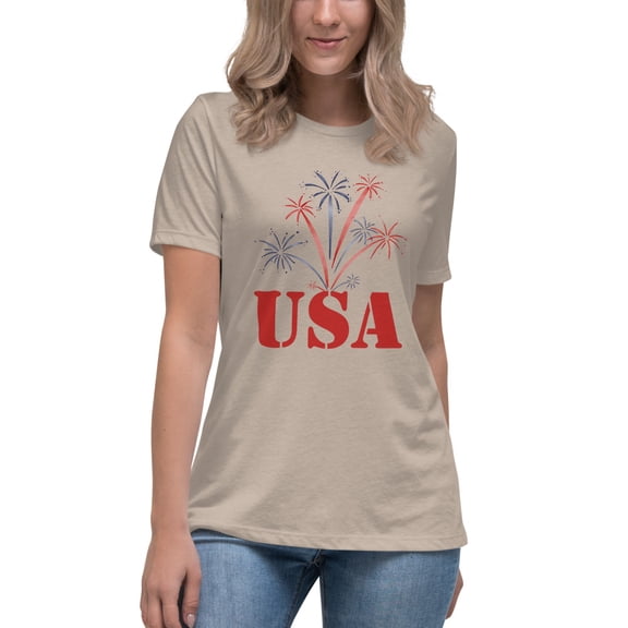 USA Fireworks T-Shirt – Patriotic 4th of July Tee, Red White & Blue Graphic Shirt, Independence Day Outfit, America Pride Celebration TeeWomen's Relaxed T-Shirt (Heather Stone, 3XL)