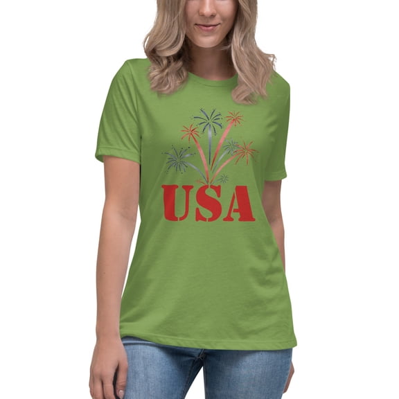 USA Fireworks T-Shirt – Patriotic 4th of July Tee, Red White & Blue Graphic Shirt, Independence Day Outfit, America Pride Celebration TeeWomen's Relaxed T-Shirt (Leaf, S)
