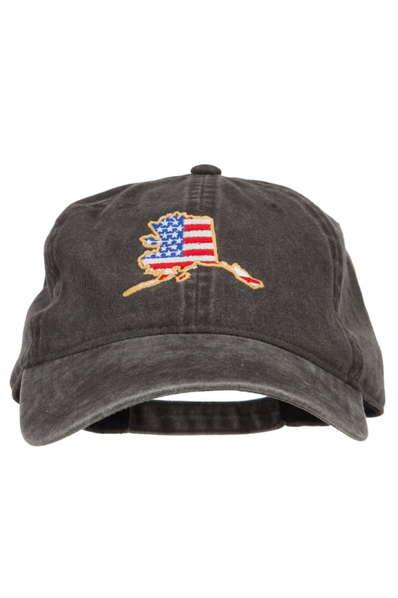 USA Flag Alaska Map Embroidered Washed Buckle Cap - Black OSFM