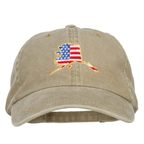 USA Flag Alaska Map Embroidered Washed Buckle Cap - Khaki OSFM
