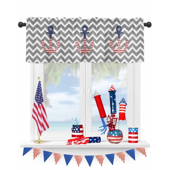 USA Flag Anchor Curtain Valances for Windows, July 4th Independence Day Window Valances, Window Treatment Rod Pocket Valance Curtains for Living Room/Kitchen/Bedroom/Bathroom, 42x12in