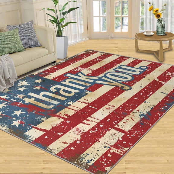 USA Flag Area Rug, Vintage Design - Non-Slip Washable Rugs for Living Room, Patriotic Indoor Carpet for Dining Room - Memorial Day Decor 4x6ft