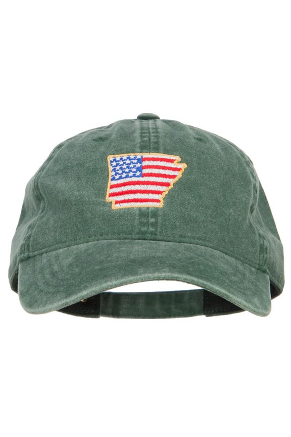 USA Flag Arkansas Map Embroidered Washed Buckle Cap - Dk Green OSFM