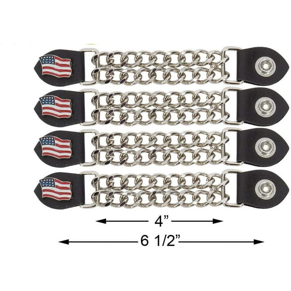 USA Flag Authentic Leather Motorcycle Vest Extender for Men Biker Double Diamond Cut Chrome Chain 4PCS Per Set
