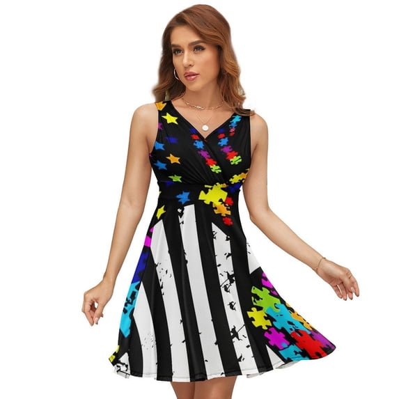 USA Flag Autism Dress Fashion Beach Long Dresses Female Party Printed Sundress