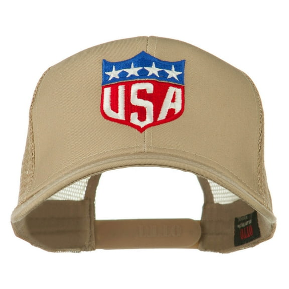 USA Flag Badge Embroidered Mesh Back Cap - Khaki OSFM