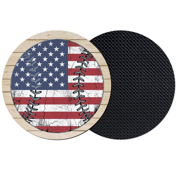 USA Flag Baseball Coasters Set of 2, Absorbent Coasters for Drinks, Patriotic 4 of July Farmhouse Wood Grain Coaster for Desk Coffee Table Protection, Home Decor House Warming Gifts 4"