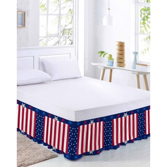 USA Flag Bed Skirt Queen Size 16 Inch Drop, 4th of July Stars Blue White Red Stripe Adjustable Elastic Dust Ruffles Bedskirt for Queen Bed Wrap Around Pleated Mattress Frame Cover