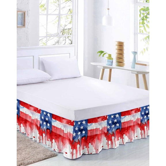 USA Flag Bed Skirt Queen Size 16 Inch Drop, Independence Day Adjustable Elastic Dust Ruffles Bedskirt for Queen Bed Wrap Around Pleated Mattress Frame Cover