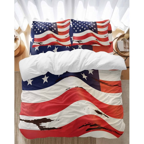 USA Flag Bedding Duvet Cover Set Twin Size 4 Pieces Red White Stripes Stars Shabby Vintage Style Bedding Set with Zipper Closure, 1 Comforter Cover 68x86 Inches 1 Flat Sheet & 2 Pillow Cases