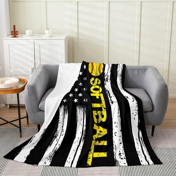 USA Flag Blanket Baseball Softball Throw Blanket Throw 50x60,White Black Striped Stars Fleece Blanket Sports Ball Game Bed Blanket Retro Style for Kids Boys Teens Men Bedroom Décor