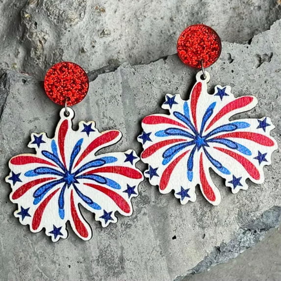 USA Flag Blue Red Star Stripes Flower Round Glitter Acrylic Geometric Earrings