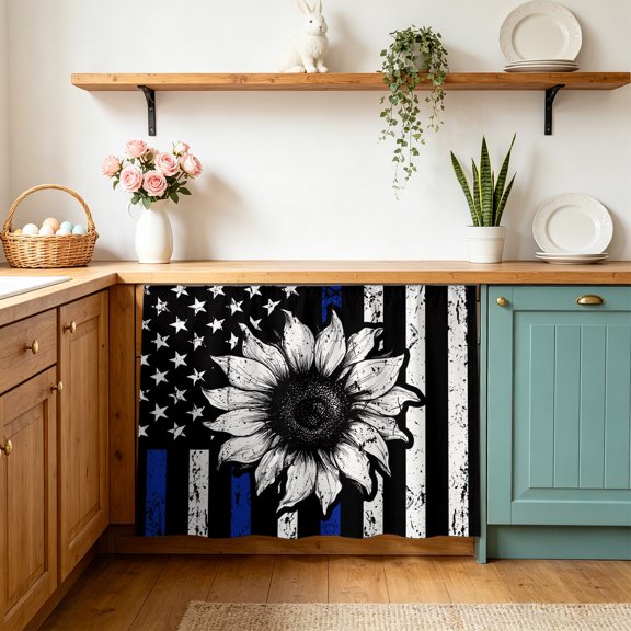 USA Flag Cabinet Curtains 10" W x 11" L Sunflower Retro Blue Strip Star Independence Day Waterproof Adhesive Kitchen Under Sink Curtain Dust-Proof Dishwasher Skirt for Closet