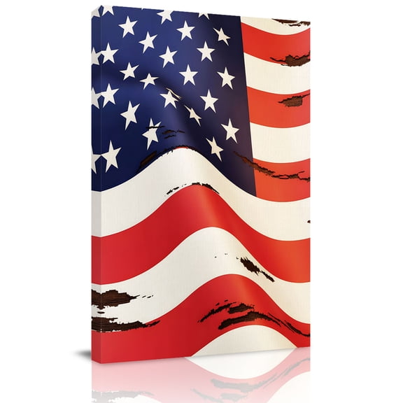 USA Flag Canvas Wall Art for Living Room, Red White Stripes Stars Shabby Vintage Style Poster Print Painting for Bedroom Office Home Decoration Wall Pictures Prepare To Hang 22"x28"