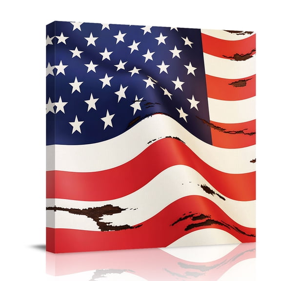USA Flag Canvas Wall Art for Living Room, Red White Stripes Stars Shabby Vintage Style Poster Print Painting for Bedroom Office Home Decoration Wall Pictures Prepare To Hang 16"x16"