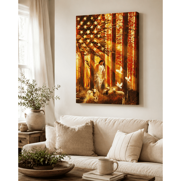 USA Flag with Christian Decor Canvas Wall Art, Bible Verse Canvas Print with Cross & Rustic Barn, Inspirational Religious Home Decor for Office Living Room Bedroom, Christian Faith Gift Decor