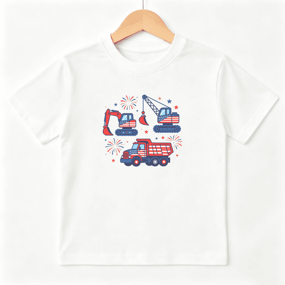USA Flag Construction Trucks Boys Graphic Tee, Patriotic 4th July 100% Cotton Kids Short Sleeve T-Shirt 4-13Y