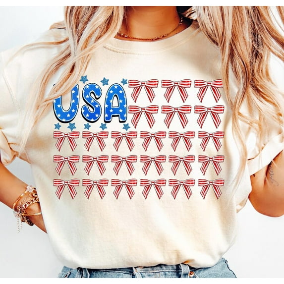 USA Flag Coquette Bow T-Shirt – Stars and Stripes Bow Tee for 4th of July, Cute American Style