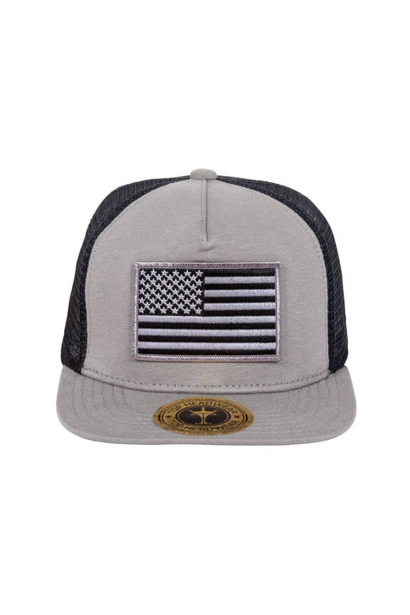 USA Flag Cotton Flat Bill Black Mesh Hat - Grey