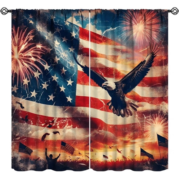 USA Flag Curtains, Rustic Vintage Grunge American Flag Fireworks Eagle Independence Day Window Curtains Drapes for Kitchen Bedroom Living Room, 52" W X 63" L
