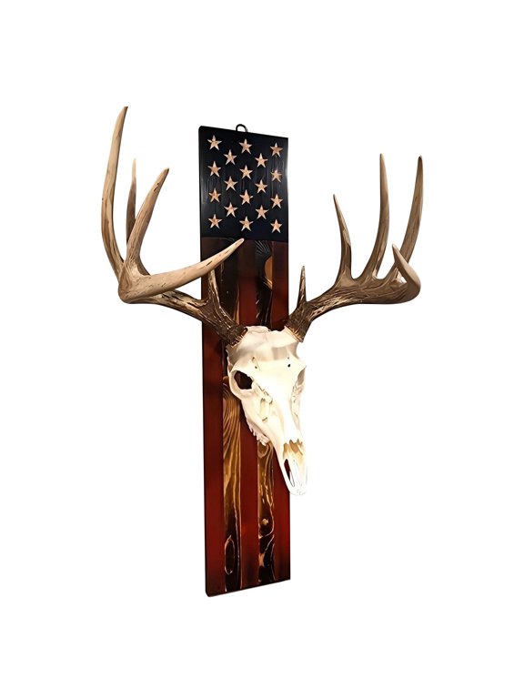 USA Flag Deer Antler Mount Display Rack - Wooden European Skull Plaque for Taxidermy, Hunting Trophies & Home Decor - Horizontal 29" or Vertical 40" Options - Solid Wood with Burnt Finish