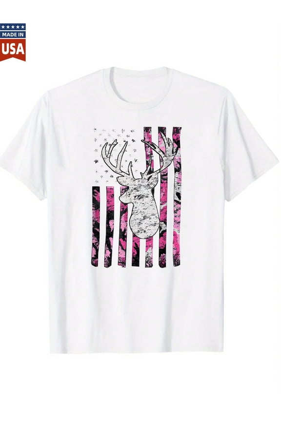 USA Flag Deer Pink Camo Graphic T-Shirt For Women Men American Patriotic Tee