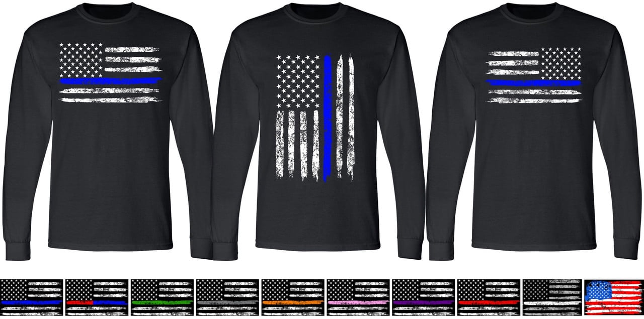 USA Flag Distressed American US Thin Line Black Crewneck T-Shirt ...