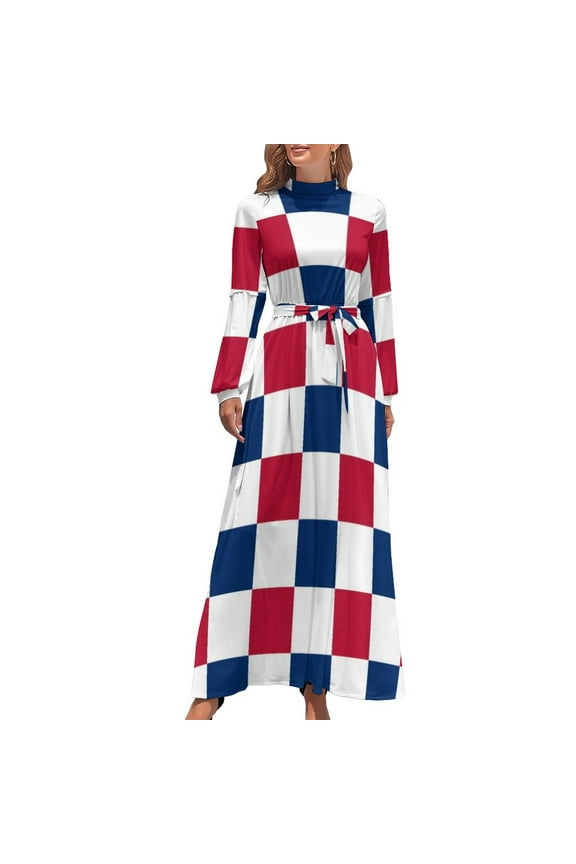 USA Flag Dress High Waist American Star Patriotic Pattern Beach Dresses Long Sleeve Street Fashion Long Maxi Dress Cute Clothes