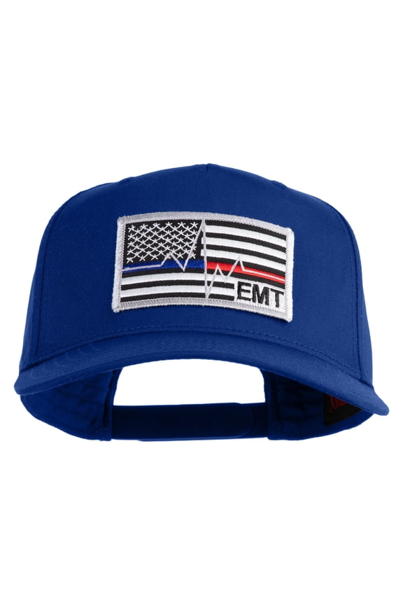USA Flag EMT Silver Blue Red Patched Solid Cotton Twill 5 Panel Prostyle Snap Cap - Royal OSFM