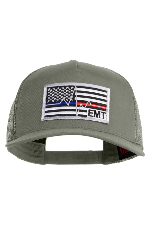 USA Flag EMT Silver Blue Red Patched Solid Cotton Twill 5 panel Mesh Back Cap - Grey OSFM