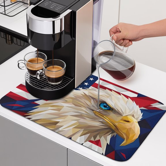 USA Flag Eagle Dish Drying Mats for Kitchen Counter, Geometric Red Blue Star Stripe Flag Eagle Absorbent Coffee Bar Mat with Non-slip Rubber Backed Quick Drying Dish Rack Pad 12"x16"