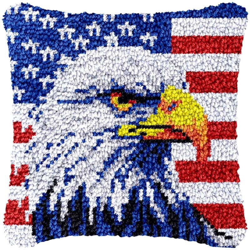 USA Flag & Eagle Latch Hook Pillow Cover Kits for DIY Handmade Throw Pillow Cross Stitch Latch Hook Pillowcase Rug Kits with Preprinted Color Pattern Canvas Crochet Yarn Kits 17''X 17''(bs138)