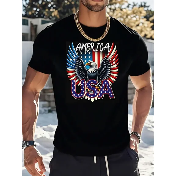 USA Flag Eagle Patriotic Graphic Men Short Sleeve Crew Neck Tee