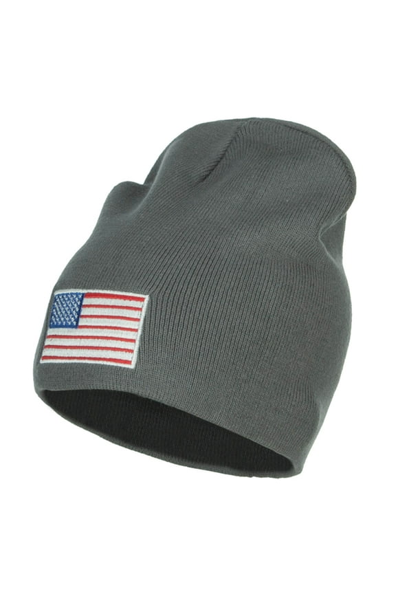 USA Flag Embroidered Big Short Beanie - Grey XL-3XL