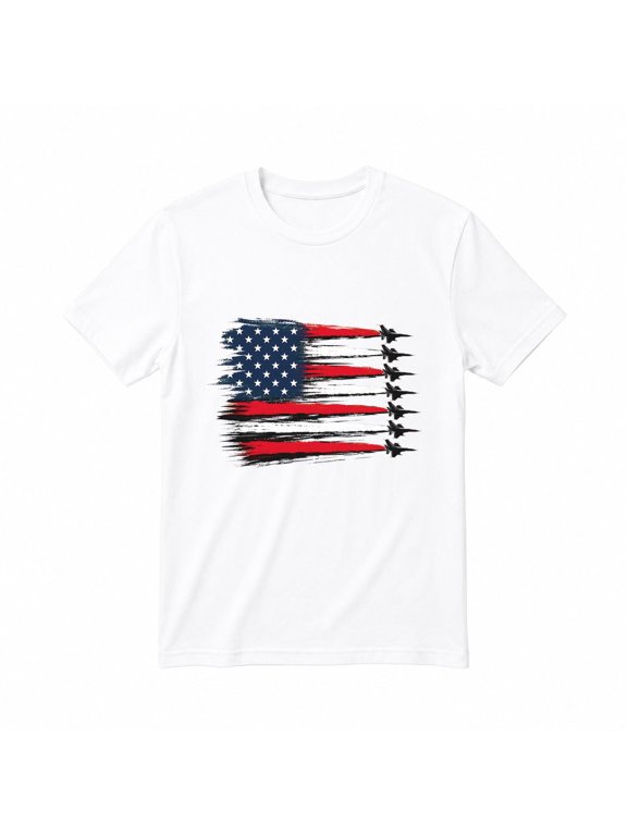 USA Flag Fighter Jets T-shirt Unisex Short Sleeve Crew Neck Graphic Printed Tee Top for Adults White M