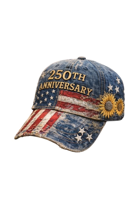 USA Flag Floral Embroidered Denim Baseball Cap 250th Anniversary of United States 1776-2026 Retro Distressed Adjustable Hat A