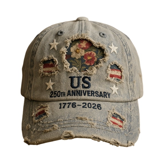 USA Flag Floral Embroidered Denim Baseball Cap 250th Anniversary of United States 1776- Retro Distressed Adjustable Hat D
