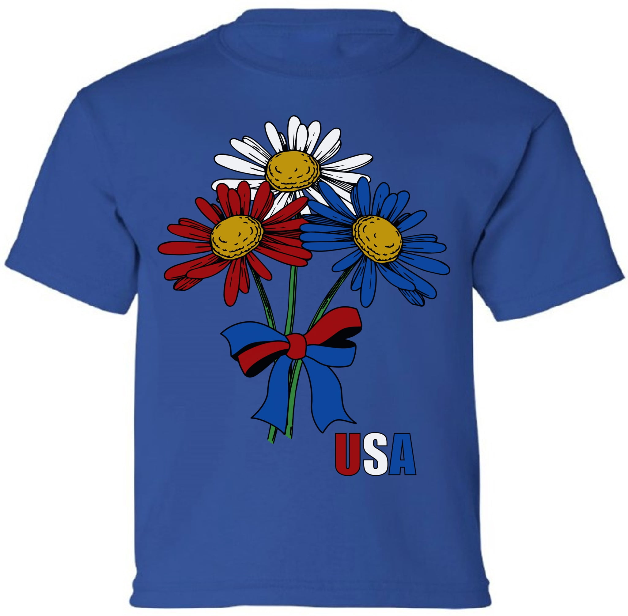 USA Flag Flowers Graphic Tees for Kids Youth - Red White Blue America 4th of July Shirt