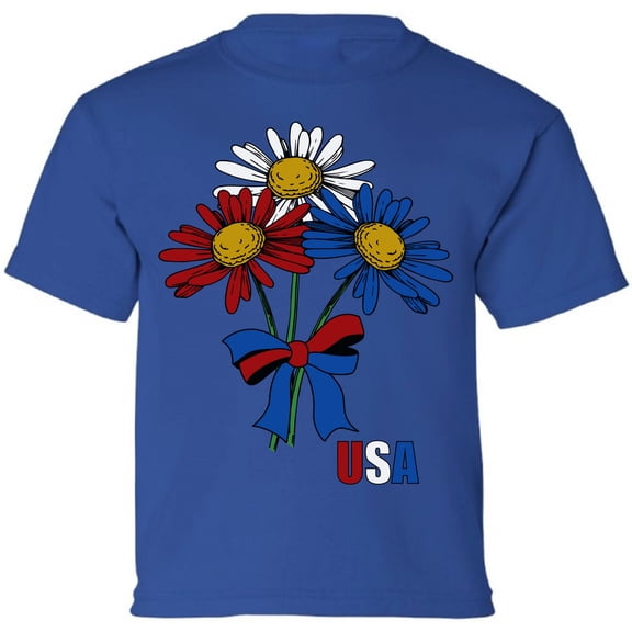 USA Flag Flowers Graphic Tees for Kids Youth - Red White Blue America 4th of July Shirt