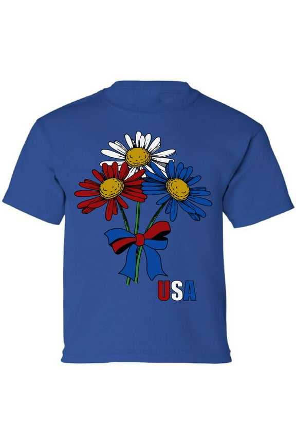 USA Flag Flowers Graphic Tees for Kids Youth - Red White Blue America 4th of July Shirt
