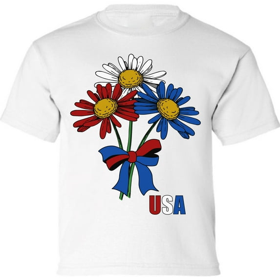 USA Flag Flowers Graphic Tees for Kids Youth - Red White Blue America 4th of July Shirt